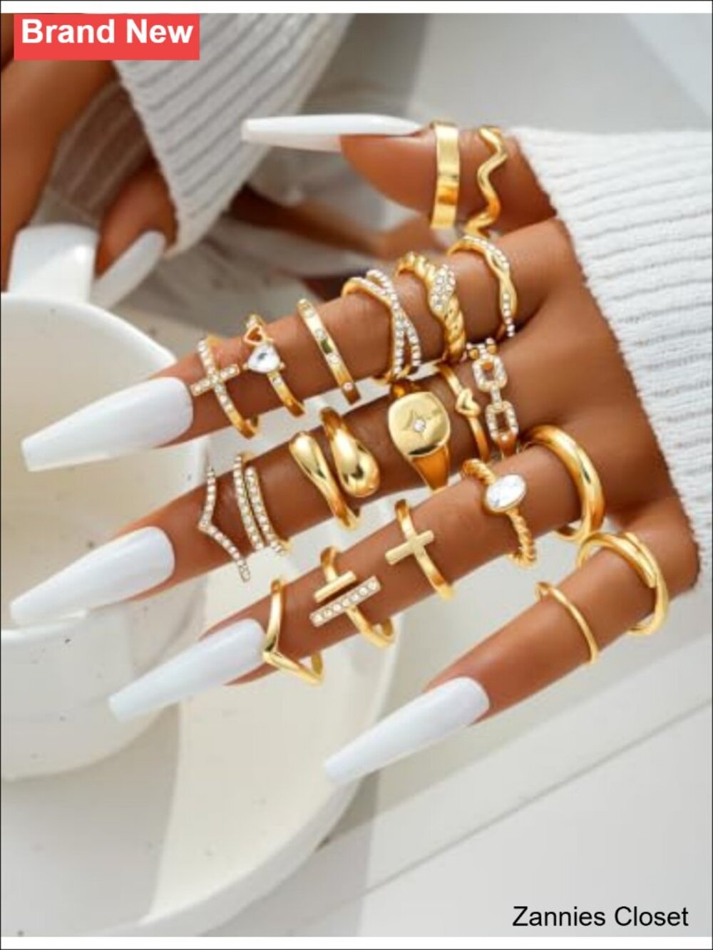 💍 21pc Stackable Rings Set Gold Plated Chunky Crystal Statement Rings for - Picture 5 of 6